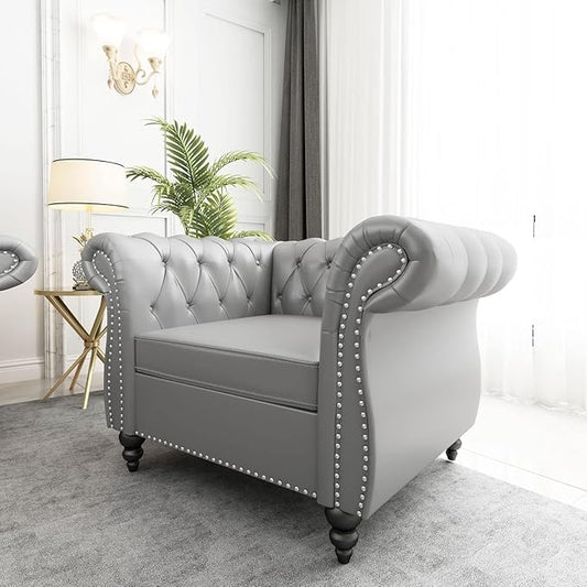Living Room Chair, Modern Leather Chesterfield Sofa Chair, Mid Century Single Sofa Couch Chair with Tufted Back and Rolled Arms, Accent Sofa Chair for Living Room Apartment, Grey