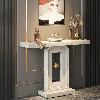 Tribesigns Modern Console Table, 40 Inches Faux Marble Sofa Table, Contemporary Entryway Table with Pendulum Shape Base for Living Room Hallway Entrance, White