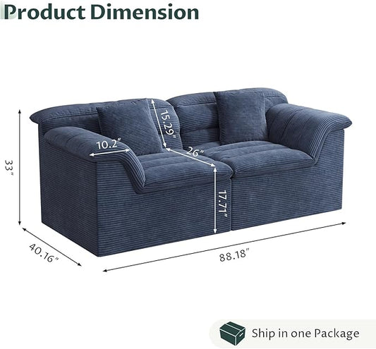 88" Sofa with Deep Seats Oversize, 3 Seater Cloud Couches, Upholstered Corduroy Couch for Living Room Bedroom, No Assembly Required, Blue