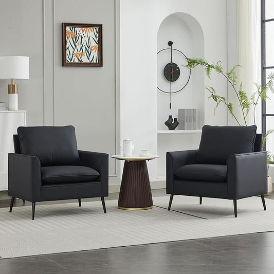YISHENG Mid-Century Modern Living Room Accent Chairs Set of 2 - Oversized Faux Leather Armchairs with Removable Cushions & Metal Legs, Comfortable Sofas for Office/Lounge/Bedroom/Reception,（Black）