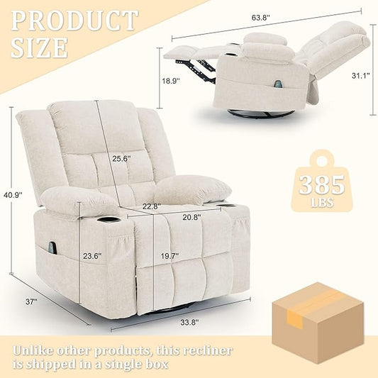 360° Swivel Rocker Recliner for Adults, Nursery Glider Recliner with Massage and Heating, Rocking Chair with Cup Holder, Manual Recliner Chair for Living Room, Bedroom (Fabric, Beige)