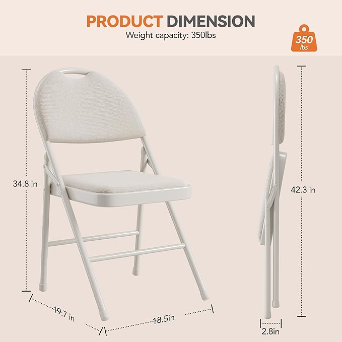 GarveeHome 4 Pack Folding Chairs with Fabric Padded, Metal Foldable Chair Linen Cushion and Back for Indoor Outdoor, Commercial Stackable Guest Chairs for Camping, Dining Room, Office, Wedding, Beige