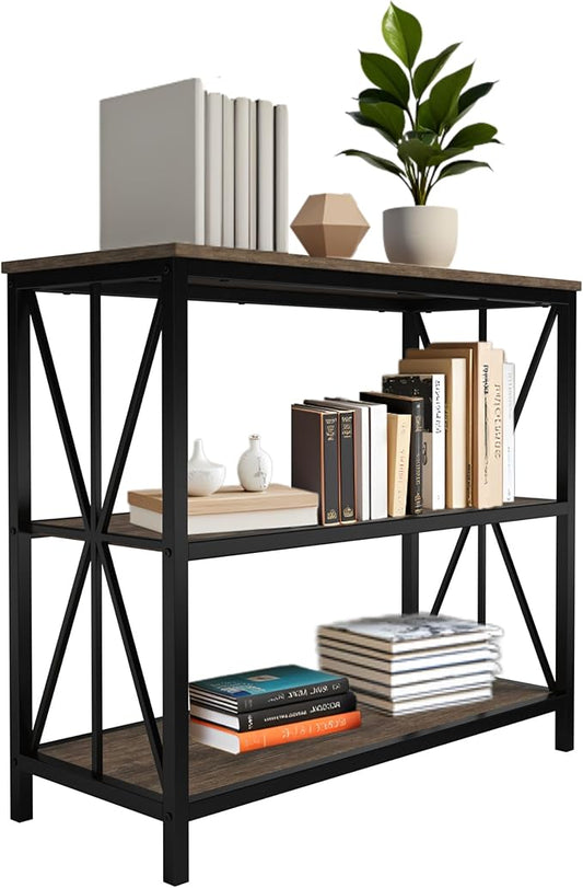 Lavish Home 3-Tier Industrial Bookshelf - Freestanding Open Bookcase for Home or Office Organization and Storage - Book Organizer (Brown Woodgrain)