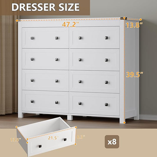 Tall 8-Drawer Dresser, Modern Wooden Storage Chest of Drawers, Dresser TV Stand, Wood Drawer Organizer with Metal Handles for Bedroom, Living Room, Hallway
