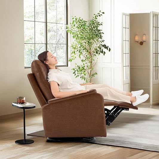 COLAMY Leather Swivel Recliner Chair with Footrest, Rocker Recliner High Back with Double-Layer Cushion, Glider Recliner for Nursery & Living Room, Bedroom, Cocoa
