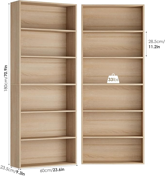 FOTOSOK 70.8" Tall Bookcase Shelf, 6 Tier Wide Bookshelf with Storage, Billy Bookcase Set of 2, Large Bookshelf for Living Room, Home Office,Light Oak
