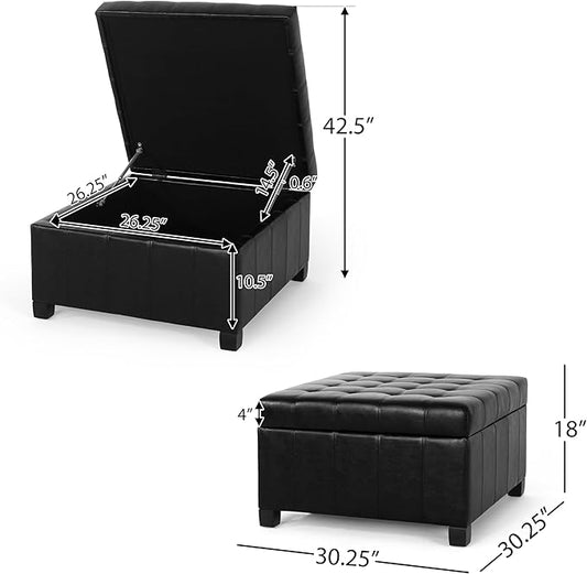 Christopher Knight Home Faux Leather Storage Ottoman Square Ottoman End of Bed Ottoman Cube for Bedroom Entryway Foot Rest Stool with Hinged Lid 30.25" x 30.25" x 18", Black