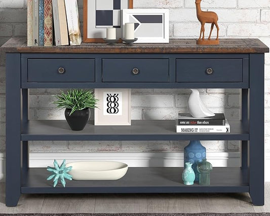 LKTART Solid Wood Console Table Sofa Table with Storage Drawers and Bottom Shelf Entryway Table for Entry Hallway Foyer Sofa Couch Table Easy Assembled (48.8" Blue)