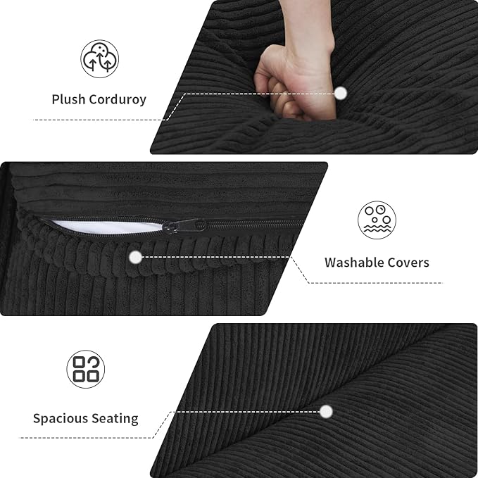WJShome Cloud Couch Modular Sectional Sofa,181.1inch U Shaped Couch,Oversized Corduroy Couches with Ottoman and 6 Pillows,Black 6 Seater,Cushion Covers Removable& Washable