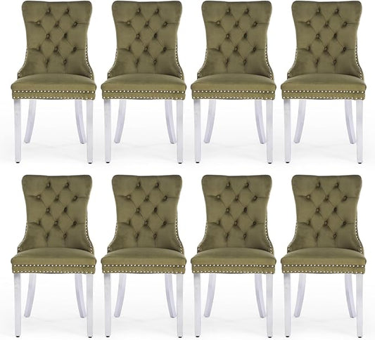 Velvet Upholstered Dining Chairs Set of 8, Modern Kitchen Side Chairs with Nailhead Trim and Silver Plated Leg, Metal Pulling Ring for Dining Room Living Room(Olive Green-Silver Plated Leg)