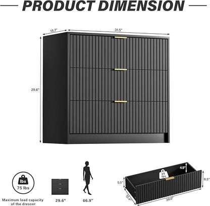 Black Dresser for Bedroom, Modern Dresser with 3 Drawers and Smooth Slides, Wide Chest of Drawers with Golden Handles for Bedroom, Living Room, Closet, 15.7" D x 31.5" W x 29.6" H