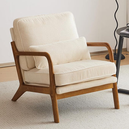 VINGLI Upgraded Premium Corduroy Accent Chair,Upholstered Arm Chair,Solid Wood Comfy Reading Chair with Lumbar Pillow, Mid Century Modern Chairs for Living Room,Bedroom,Guest Room,Beige
