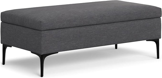 SIMPLIHOME Rebecca 48 inch Wide Mid Century Modern Rectangle Large Coffee Table Storage Ottoman with Lift up Lid in Slate Grey Polyester , Assembled, For the Living Room, Entryway and Family Room