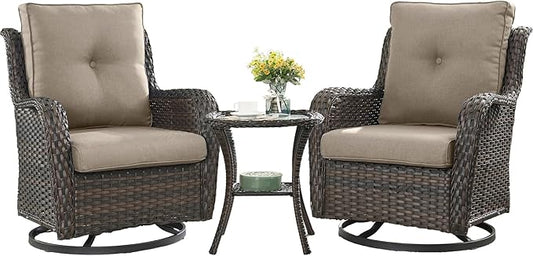 HUMMUH 3-Piece Swivel Rocking Rattan Chair Outdoor, Patio Bistro Furniture Conversation Set,Cushioned Wicker Chair with Glass Coffee Table(Brown, Grey)