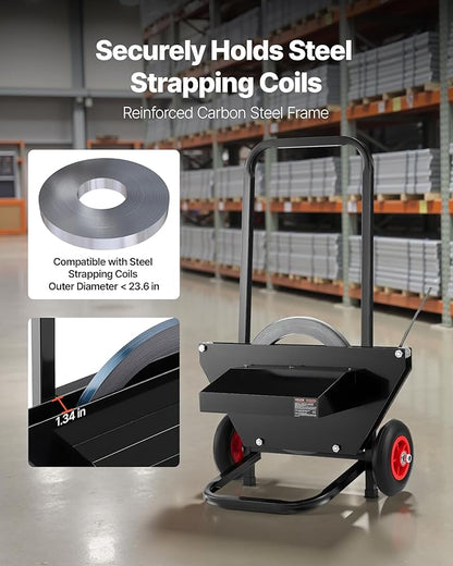 VEVOR Banding Strapping Cart, Fit for Steel Strapping Coils with 23.6 inches Core Outer Size, Heavy Duty Strapping Dispenser with Rubber Wheels, Suitable for Factory, Warehouse, Loading Area