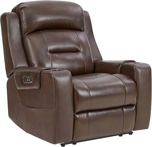 Watson & Whitely Oversized Genuine Leather Power Recliner Chairs for Big and Tall, Extra Wide Lay Flat Recliner with Power Headrest & Cup Holders, Electric Reclining Sofa for Living Room, Dark Brown