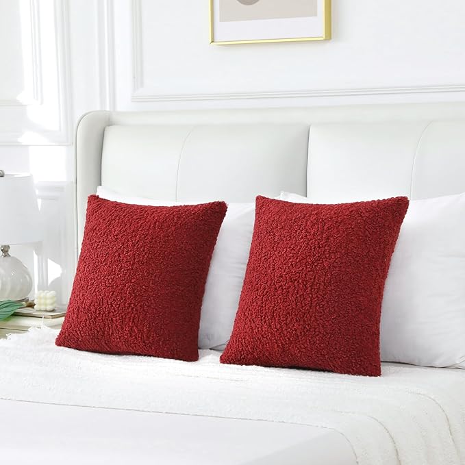 FUTEI Christmas Maroon Red Throw Pillow Covers 18x18 Inch Set of 2,Furry Faux Fur Teddy Boucle Textured Cushion Covers,Soft Fluffy Decorative Pillow Case,Home Decor for Couch Bed Living Room Car
