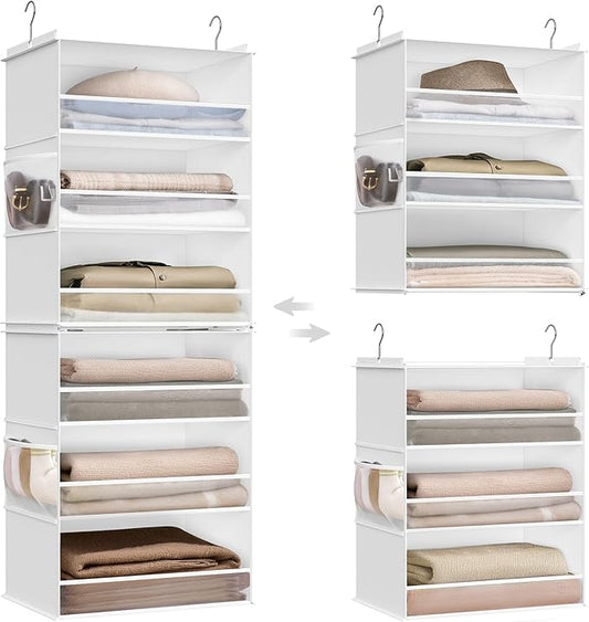 SONGMICS Hanging Closet Organizer, 6-Tier Fabric Storage Shelf, Separable Closet Hanging Shelf with Side Pockets, Foldable, Metal Hooks and Bamboo Inserts, Cloud White URCH007W01