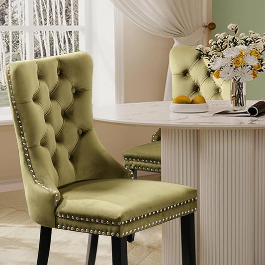 Velvet Upholstered Dining Chairs Set of 6, Modern Style Kitchen Side Chairs with Nailhead Trim and Wood Legs,Metal Pulling Ring for Dining Room Living Room(Olive Green,Set of 6)