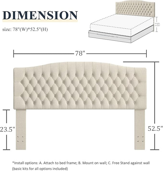 King Headboard Only, Upholstered Headboard King Size for Adjustable Bed Linen Tufted Wall Mounted Head Board with Solid Wood Legs, Ivory