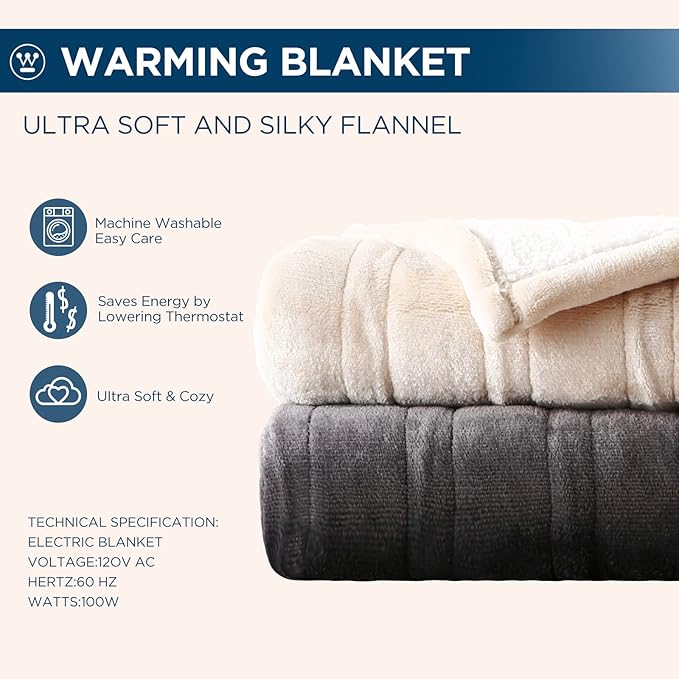 Westinghouse Electric Blanket Twin, Heated Blanket Twin Size with 10 Heating Levels and 1 to 12 Hours Heating Time Settings, Flannel to Sherpa Reversible, Machine Washable (62" x 84", Navy)