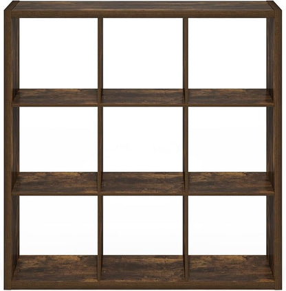 Furinno Cubicle Book Shelf, 9-Cube Thick Frame Bookshelf, Reversible Bookcase with Open Back, 14.6 x 43.8 x 43.8, for Living Room, Bedroom, Home Office, Amber Pine