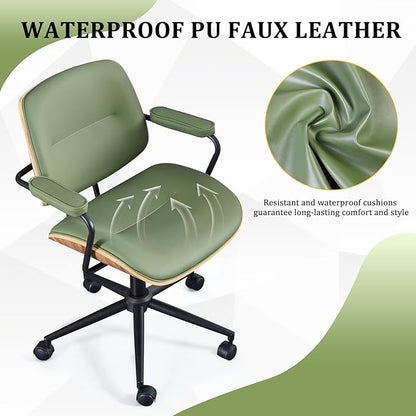BV Mid Century Modern Office Chair Set of 1, Swivel Rolling Deak Chair with Armrests and Walnut Back, Adjustable Desk Chair for Home Office, Green