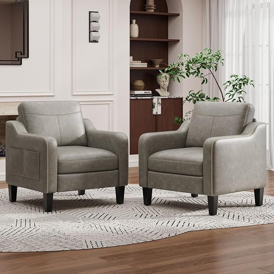 PU Leather Accent Chair Set of 2, Mid-Century Modern Living Room Armchair Sofa with Removable Cushions, Solid Wood Frame & Stitched Armrest Design, Bedroom Chair with Plastic Legs, Grey