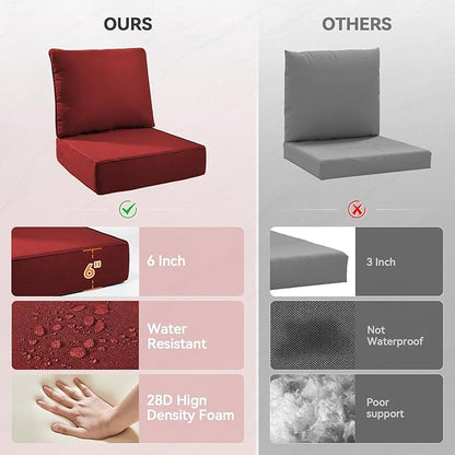 Luxury 6" Outdoor Cushions for Patio Furniture, 24x24x6" Thick Seat Cushion Set of 3, Fade Resistant Couch Chair Replacement Cushions High Density Deep Wicker Chair Cushion w/ Removable Cover, Red