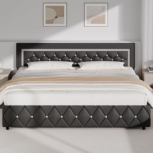 BarnFurin King Bed Frame with Diamond Tufted Headboard, Faux Leather Upholstered Bed with Wooden Slats Support, No Box Spring Needed, Mattress Foundation, Easy Assembly, Gray