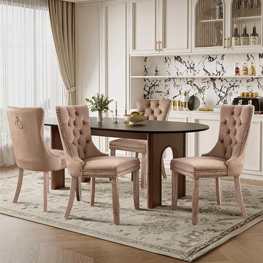 Velvet Upholstered Dining Chairs Set of 4, Modern Style Kitchen Side Chairs with Nailhead Trim and Wood Legs,Metal Pulling Ring for Dining Room Living Room