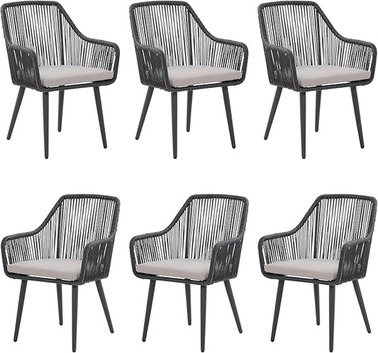 JOIVI Outdoor Dining Chairs Set of 6, 6 Pieces Woven Rope Patio Chairs with Armrest and Seat Cushions for Outside Porch, Balcony or Indoor Dining Kitchen, Restaurant, Black