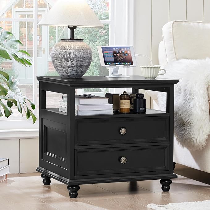 Farmhouse Dresser and Nightstand Sets, Wood 54" Wide Dresser & 24" Night Stand with Charging Station, 2 Piece Bedroom Furniture Set, Chest of Drawers for Bedroom, Home, Living Room, Hallway