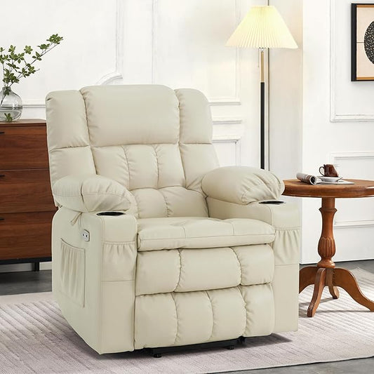 MCombo Dual Motor Small Power Lift Recliner Chair for Elderly, Lay Flat Lift Chair with Heat and Massage, Petite Lift Chair, Cup Holders, Faux Leather 7893 (Cream White, Small)