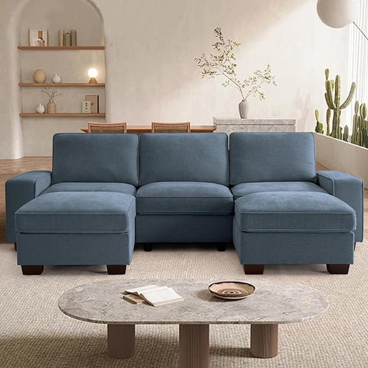 TEKAMON 100" Modular Sectional Sofa with Seats Storage, U Shaped Couch with Movable Ottomans, Chenille Fabric Couch for Living Room,Removable Cover(Blue, 3 Seater & 2 Ottomans- U Shape)
