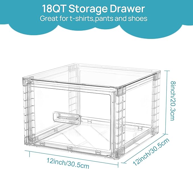 Vtopmart 4 Pack 18QT Clear Stackable Storage Drawers,Easily Assemble Closet Organizers,Plastic Storage Bins for Bathroom,Cabinet,Kitchen Pantry,Under Sink Organization(Medium)