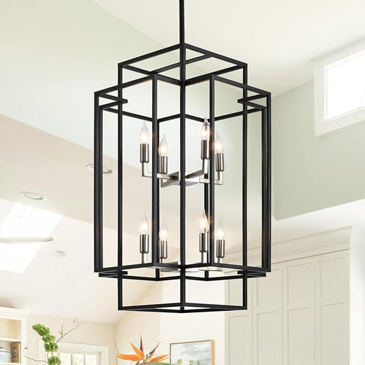 High Ceiling Foyer Chandelier: 8-Light Farmhouse Lantern Chandeliers for Entryway Industrial Large Pendant Light Fixtures for Entry Staircase Hallway Dining Room Kitchen Island, Black & Silver