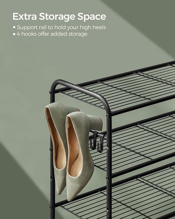 SONGMICS Shoe Rack, 3-Tier Shoe Organizer, Metal Shoe Shelf Storage with 4 Side Hooks, Holds 18 Pairs of Shoes, Height-Adjustable Shoe Rack for Entryway, Hallway, Closet, Easy Assembly, Ink Black
