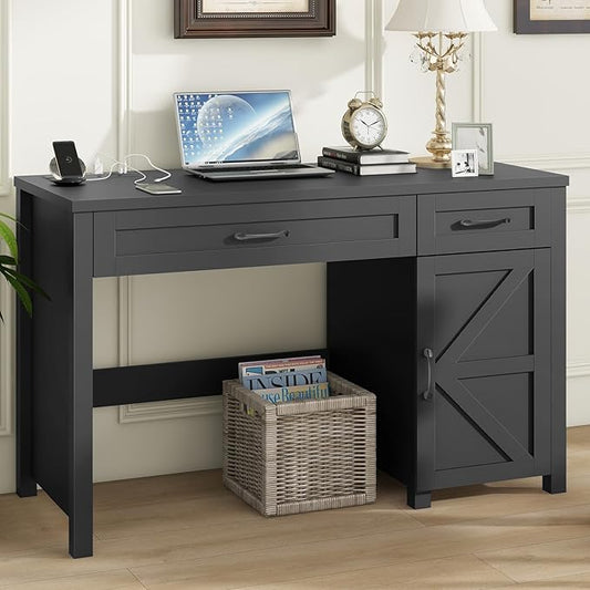Vabches Farmhouse 47" Executive Desk, Computer Desk with Drawers and Storage Cabinet, Workstation for Home Office and Study.(Pure Black)