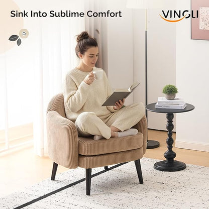 VINGLI 30.3" Wide Modern Barrel Accent Armchairs Set of 2 with Track Armrest, Solid Wooden Legs, Comfy Upholstered Club Chairs, Single Home Sofa for Living Room, Bedroom, Reading Room, Corduroy Khaki