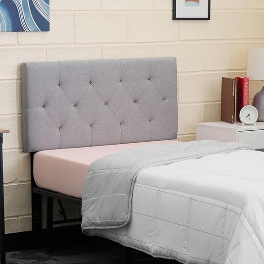 Lucid Mid-Rise Upholstered Headboard - Diamond Tufted - Padded Polyester - Adjustable Height from 34” to 46” - Easy Assembly - Bed Frame or Wall Mount - Sturdy - Stone - Twin / Twin XL Size