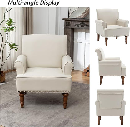 HOMEFLEX Accent Chair, Faux Leather Living Room Chairs with Nailhead Trim, Mid-Century Lounge Armchair with Solid Wood Legs, Comfy Reading Single Sofa for Bedroom, Waiting Room (White, 2 Chairs)