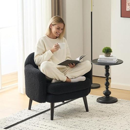 VINGLI 30.3" Wide Modern Barrel Accent Armchair with Track Armrest, Solid Wooden Legs, Comfy Upholstered Club Chair, Round Single Home Sofa for Living Room, Bedroom, Reading Room,Teddy Fleece Black