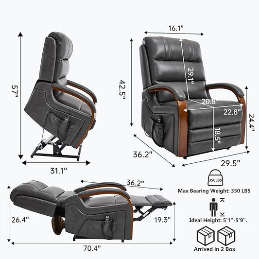 Dual Motor Recliner Lift Chair with Heat and Massage, Heavy Duty Leather Power Lift Recliner Chair Idea Gifts for Seniors, Stand Assistance, Grey
