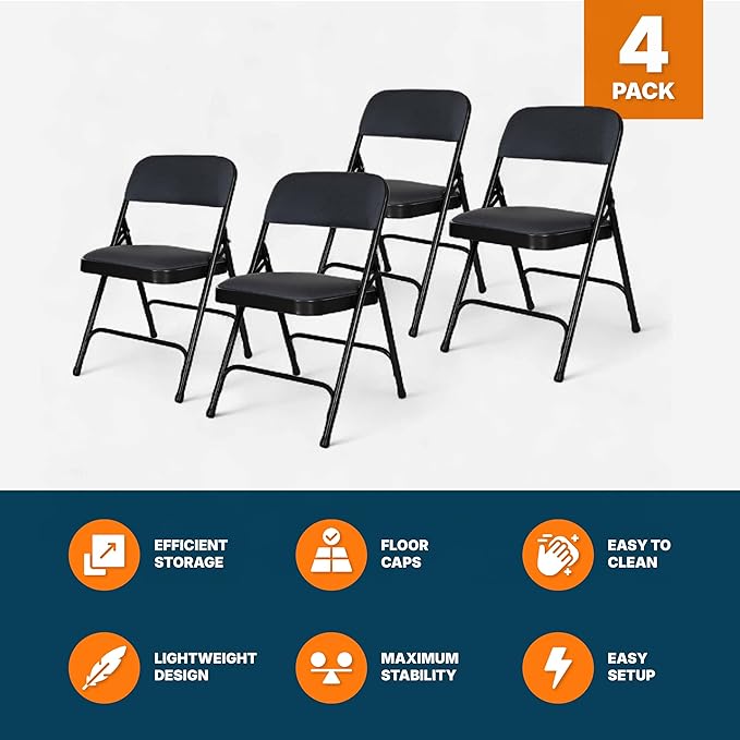 OEF Furnishings OEF2200 Series Heavy-Duty Premium Fabric Padded Upholstery Double-Hinged Folding Chairs (4-Pack, Classic Black)