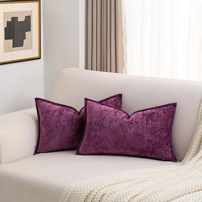 FUTEI Purple Chenille Throw Pillow Covers 12x20 Inch Set of 2,Soft Cozy Bound Edge Design Lumbar Pillow Cases,Home Decor for Couch Bed Living Room
