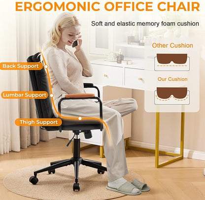 Furniliving Leather Home Desk Chair, Comfortable Executive Office Chair with Wheels, Ergonomic Computer Task Chair Adjustable Height, Black