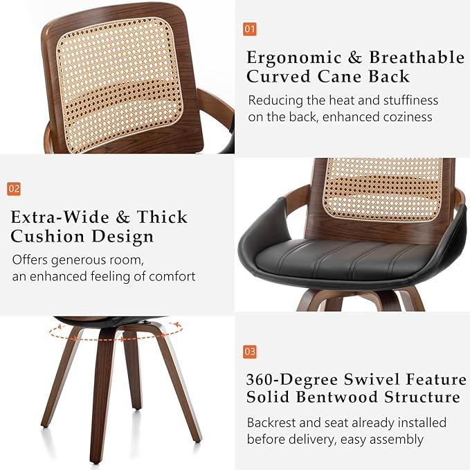 Set of 4 Kitchen & Dining Room Chairs - Swivel Dining Chairs with Cane Back, Walnut Bentwood Frame, Faux Leather Seat, Arms, Versatile for Conference/Kitchen/Restaurant/Living Room (Walnut Black)