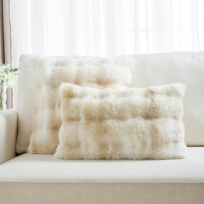 FUTEI Beige White Decorative Throw Pillow Covers 22x22 Inch Set of 2,Soft Fuzzy Faux Rabbit Fur Cushion Covers with Raised Texture,Neutral Boho Home Decor for Couch Bed Living Room