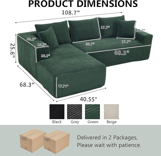PELUMY 108.7" L-Shaped Modular Sectional Sofa with Oversized Chaise, Cloud Couch with Memory Foam, No Assembly Required Sleeper Sofa for Small Space Living Room, Apartment (Green, Corduroy)